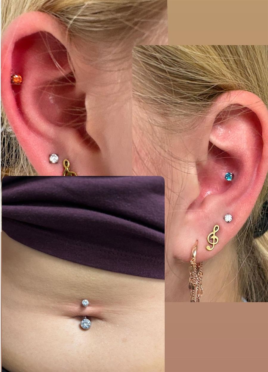 Collage of ear lobe, helix and navel piercings